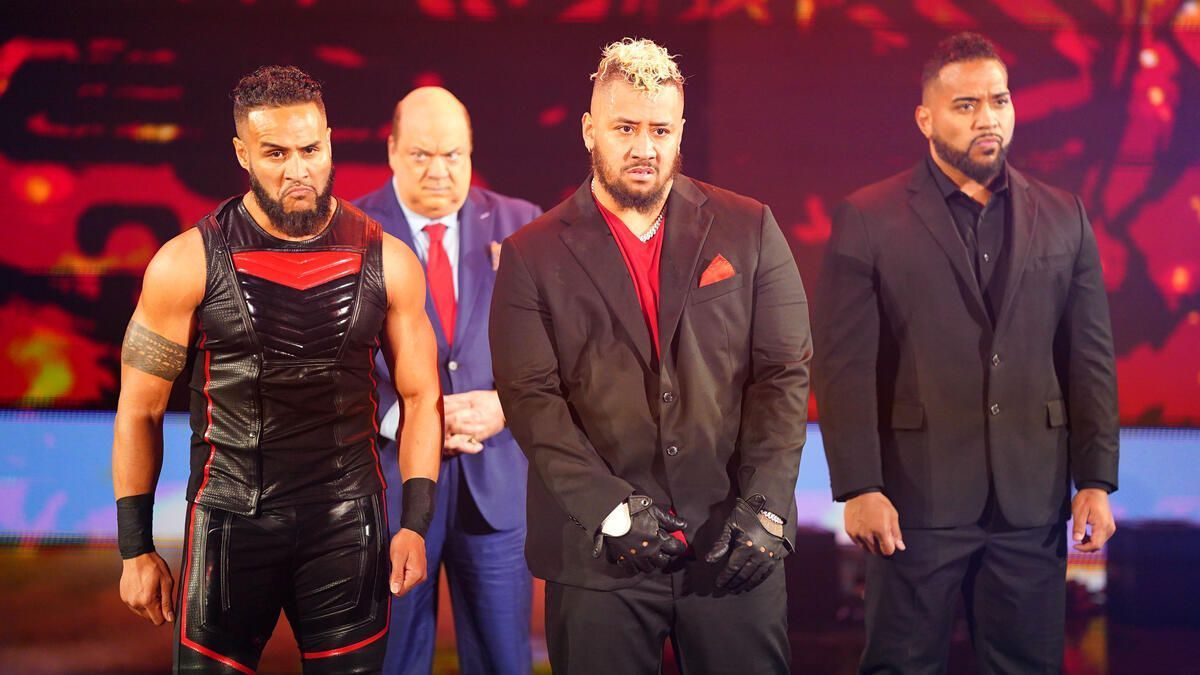 The newest Bloodline members on WWE SmackDown along with Paul Heyman and Solo Sikoa.