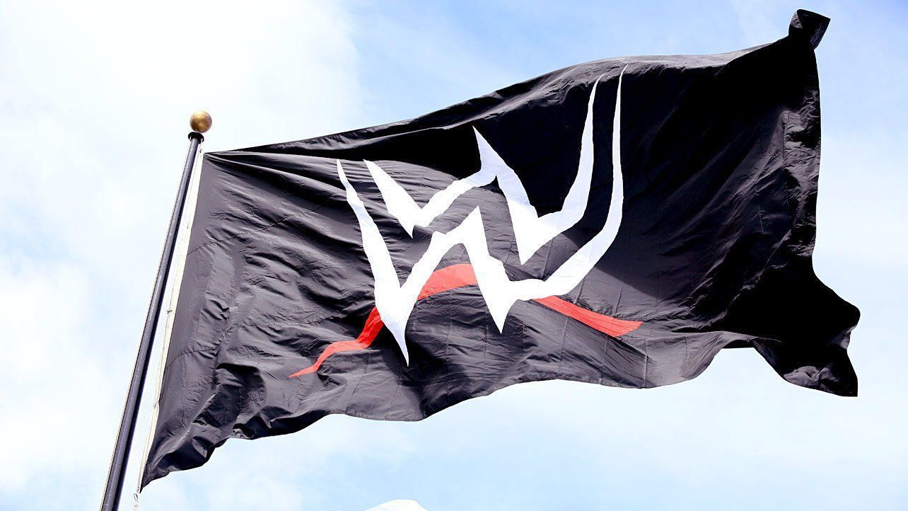 The official WWE logo flag on display in Stamford, CT