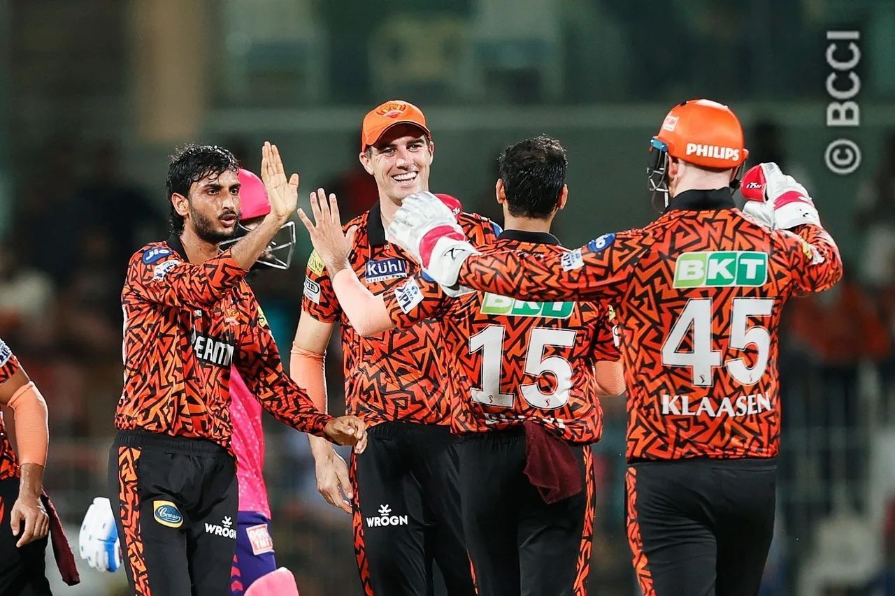 Spinner Shahbaz Ahmed (extreme left) celebrating a wicket on Friday. [BCCI/ iplt20.com]