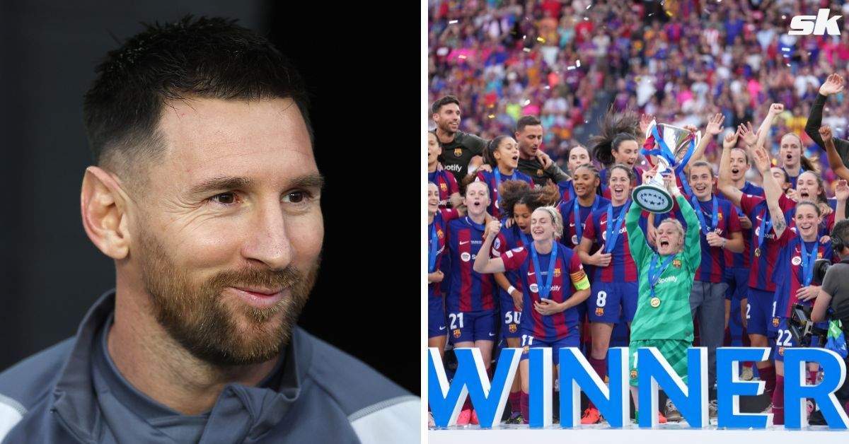 Lionel Messi reacts after Barcelona women win back-to-back Champions League trophies