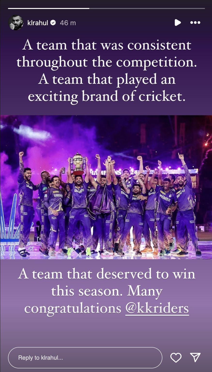 KL Rahul congratulates KKR. (Credit: Instagram)