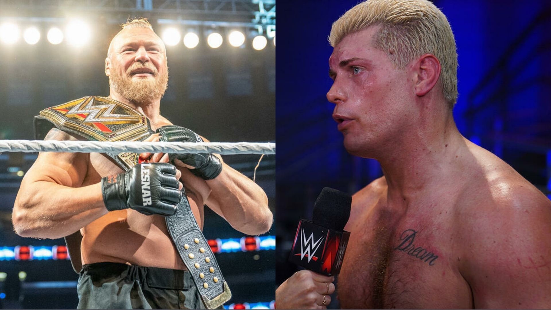 Brock Lesnar (left); Cody Rhodes (right)