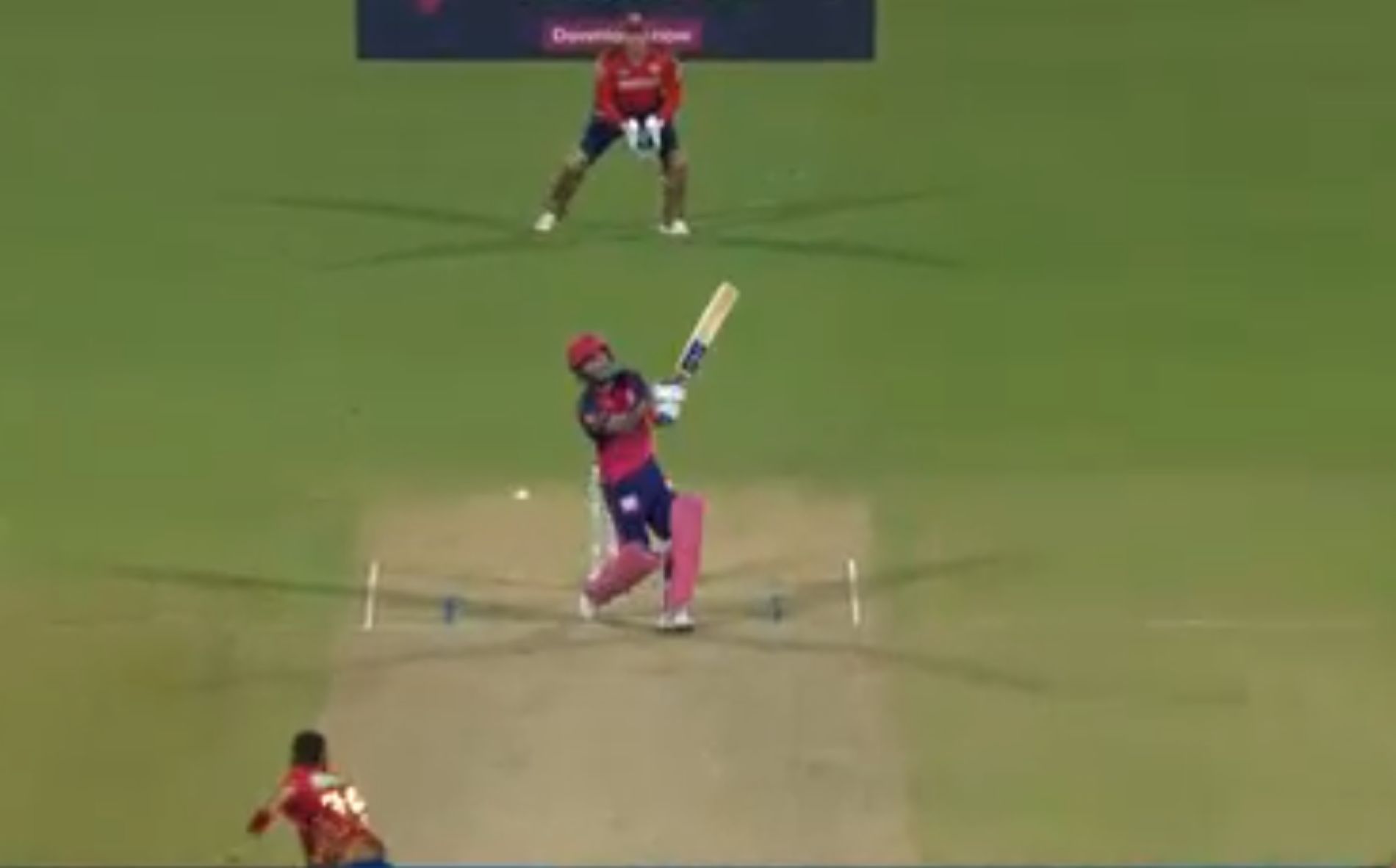 Parag was deceived by a dipping full toss from Harshal [Credit: IPLt20.com]