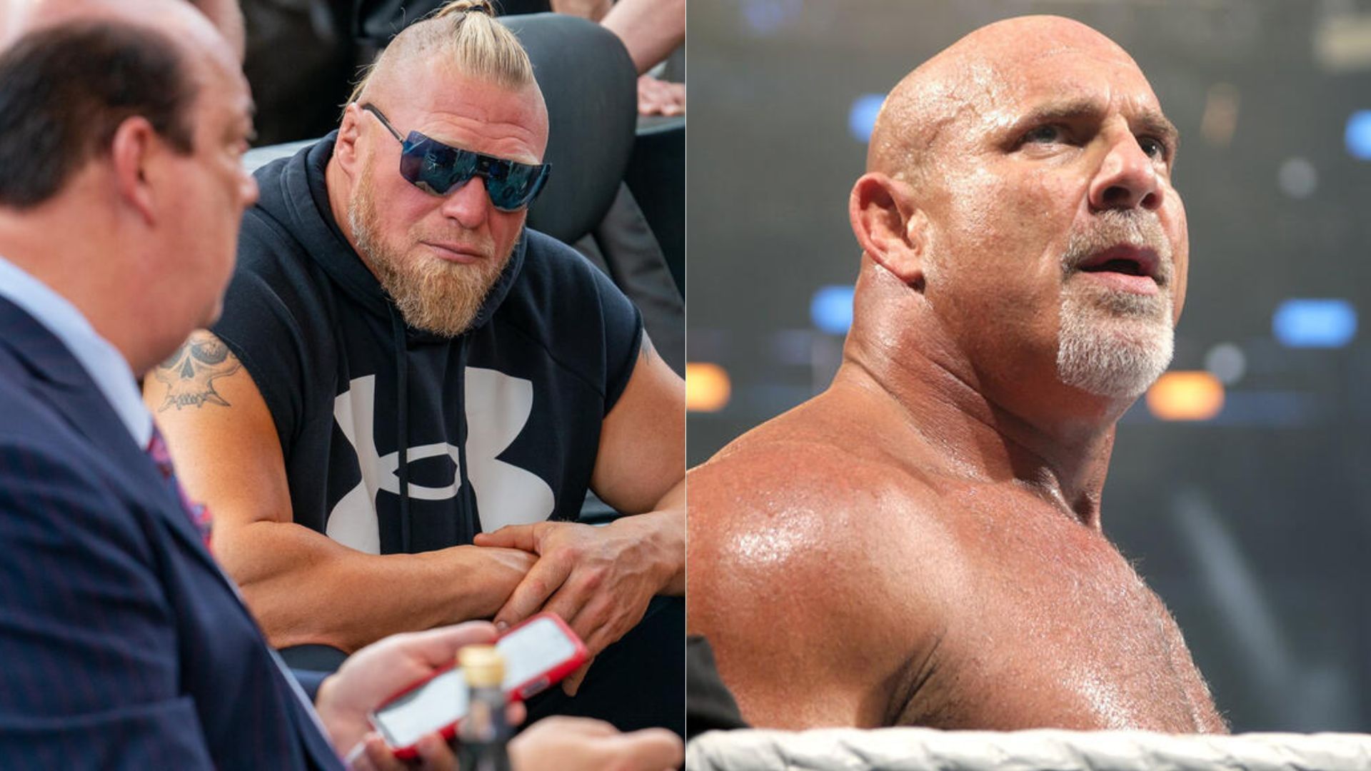 Paul Heyman and Brock Lesnar (left); Goldberg (right)