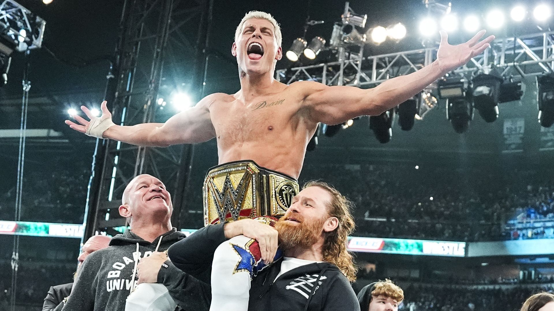 Cody Rhodes celebrating his title win at WrestleMania XL