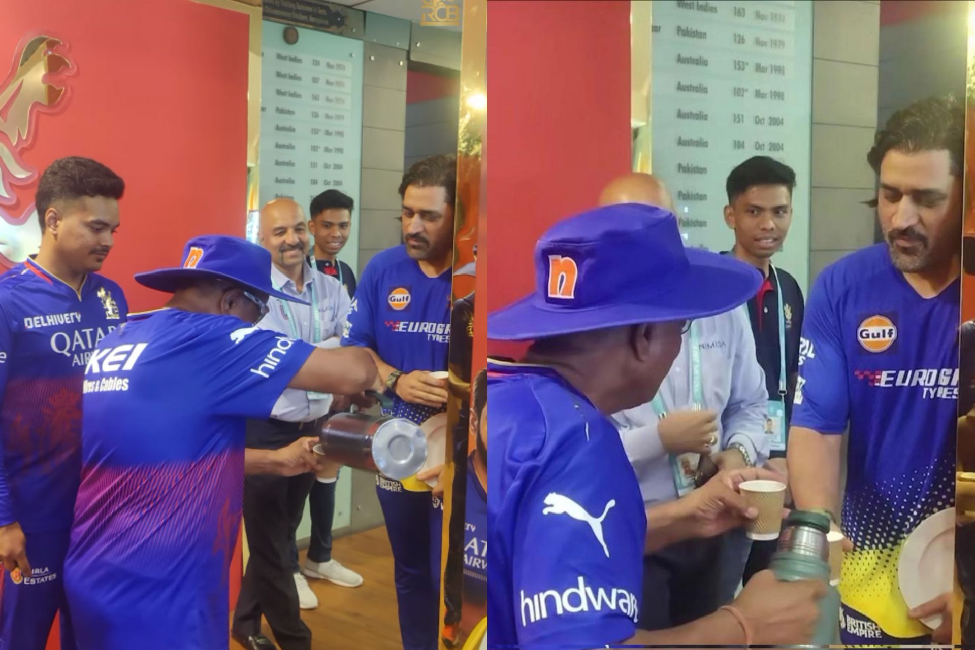MS Dhoni enjoying a cup of tea at the home ground of RCB team. 