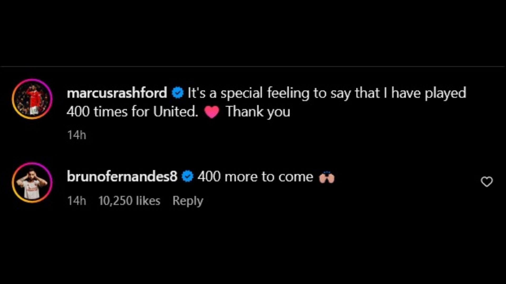 Bruno Fernandes&#039; comment on Marcus Rashford&#039;s celebratory post on Instagram.