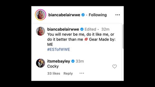 Bayley reacts to Belair's comment on Instagram.