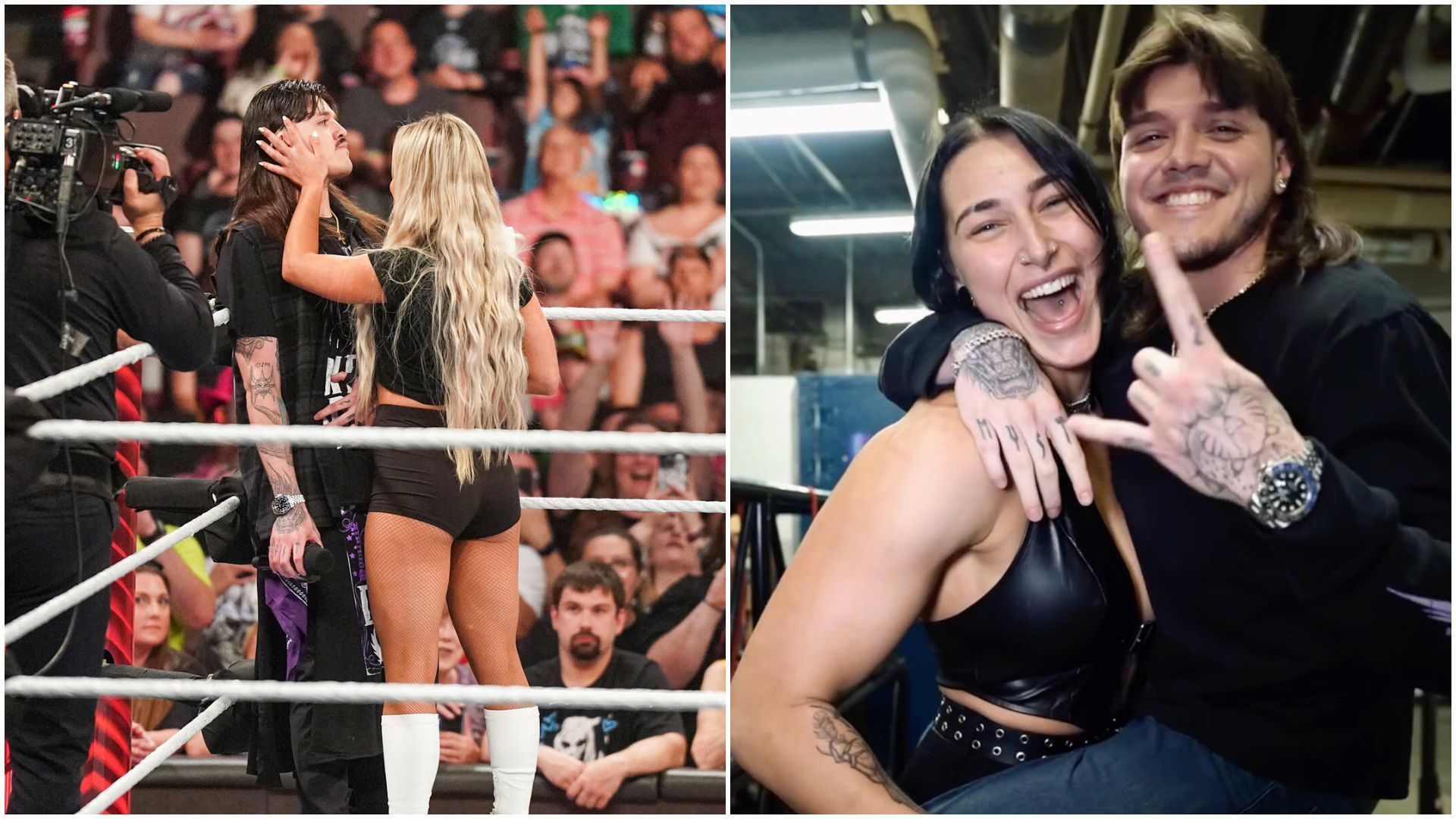 Dominik Mysterio and Liv Morgan (left), and Rhea Ripley and Dominik (right). [Image credit: WWE.com &amp; Mysterio