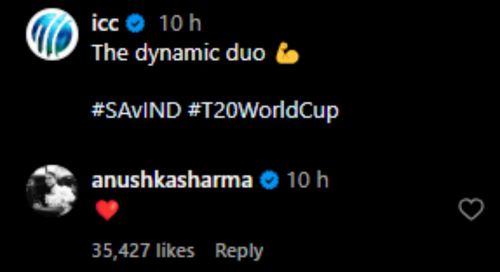 Anushka Sharma's reaction to Virat Kohli and Rohit Sharma's video. [Credits: ICC's post on Instagram]