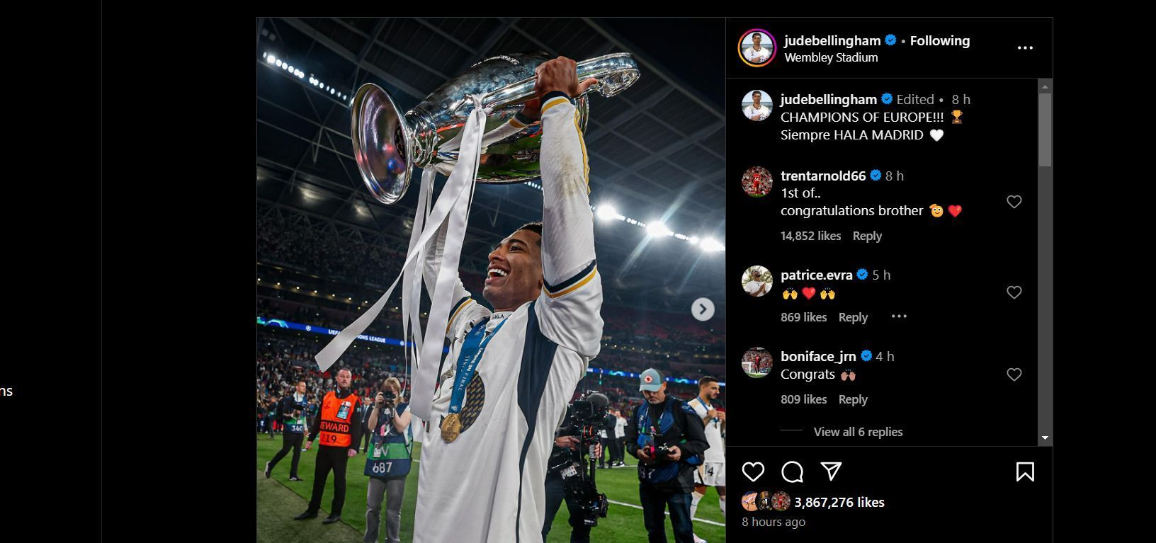 Screenshot of Trent Alexander-Arnold commenting on Jude Bellingham&#039;s post (Pic courtest: Bellingham Instagram)