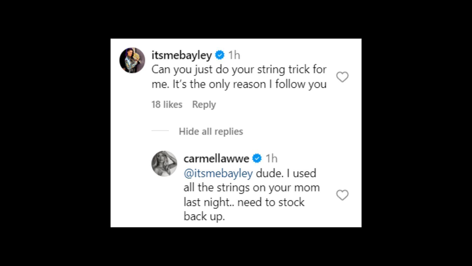 Bayley and Carmella comments on Instagram