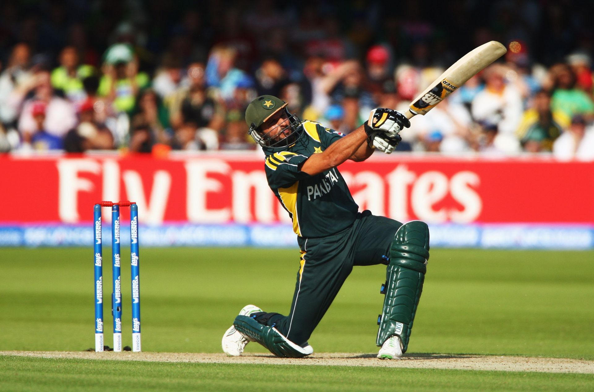 Shahid Afridi smashes a boundary during his match-winning knock in the 2009 finall.