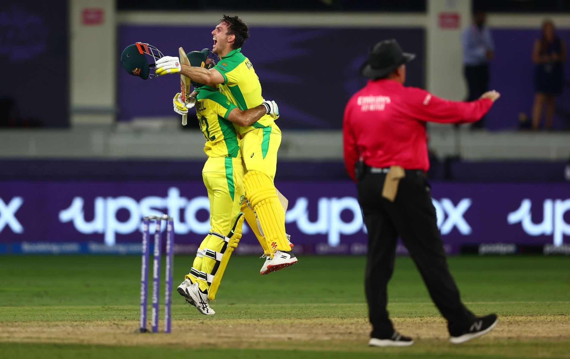 Mitchell Marsh celebrates after hitting the winning runs against New Zealand.