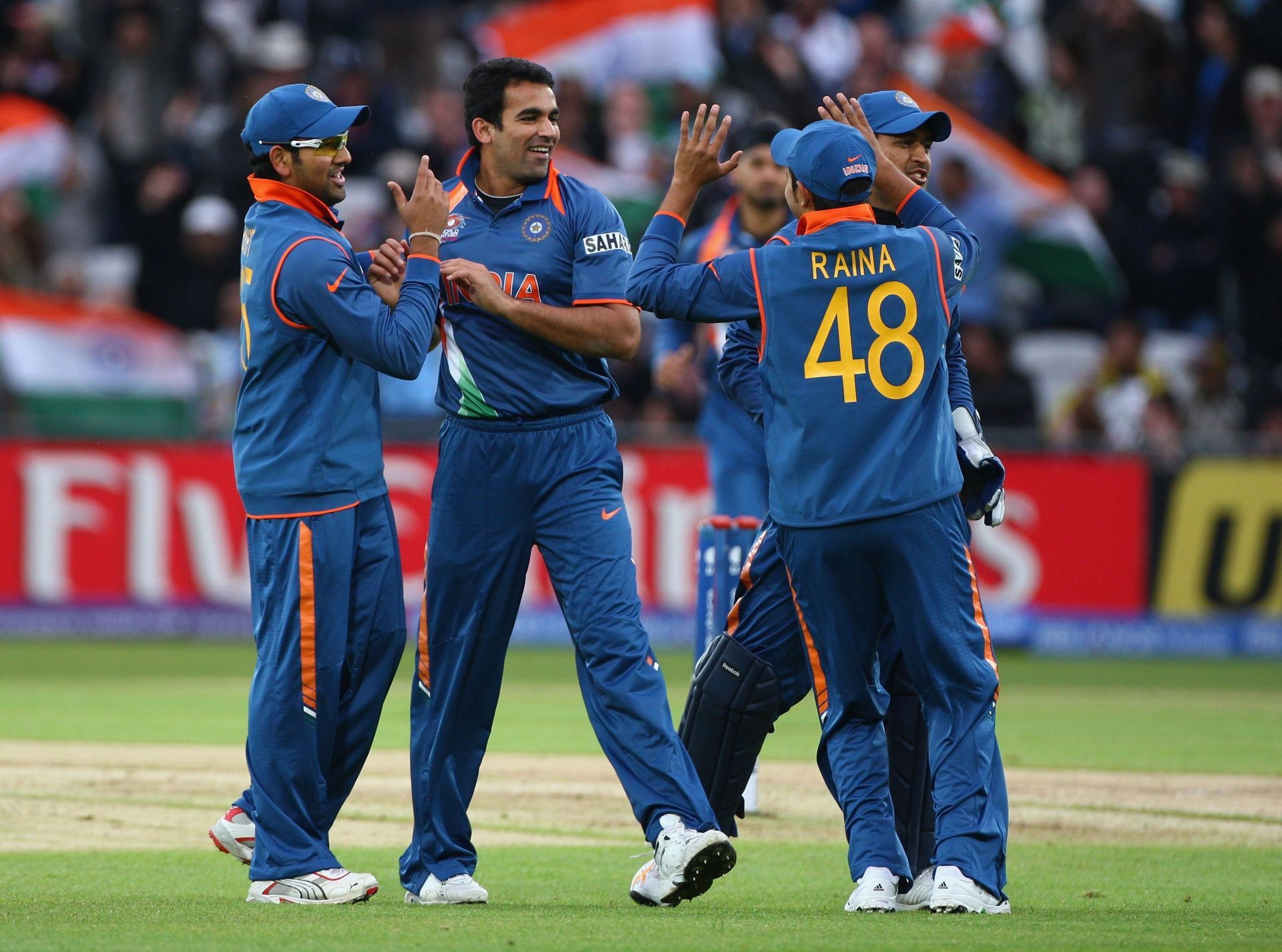 Zaheer Khan celebrates a wicket with teammates during the 2009 T20 World Cup match against Ireland. (Image Credit: Getty Images)