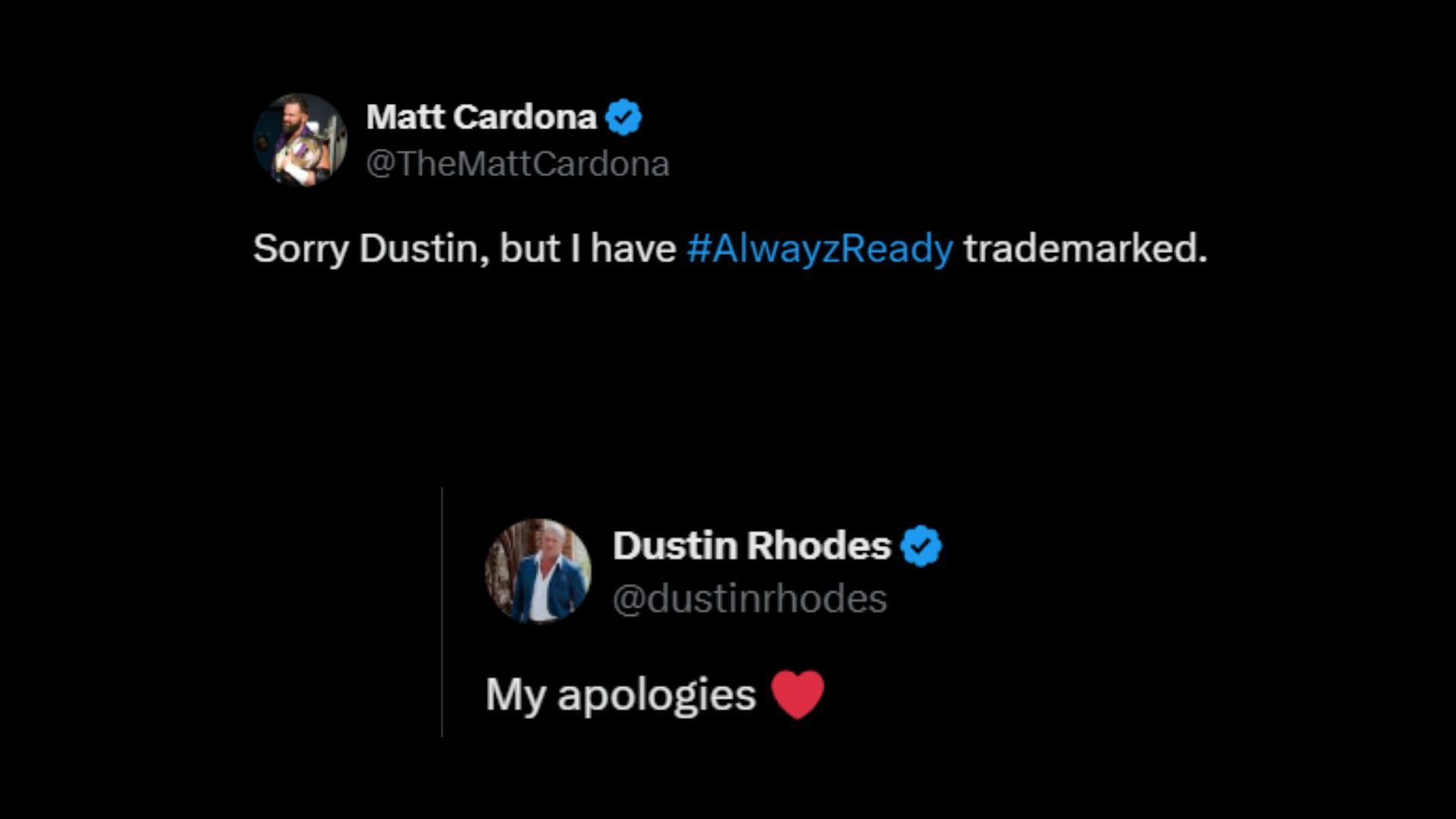 Screenshot of Matt Cardona and Dustin Rhodes&#039; tweets