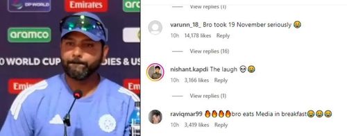 A screen grab of comments on Rohit Sharma’s video. (Image Credits: ICC/ Instagram)