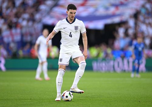 Arsenal's Declan Rice is in action with England at Euro 2024.