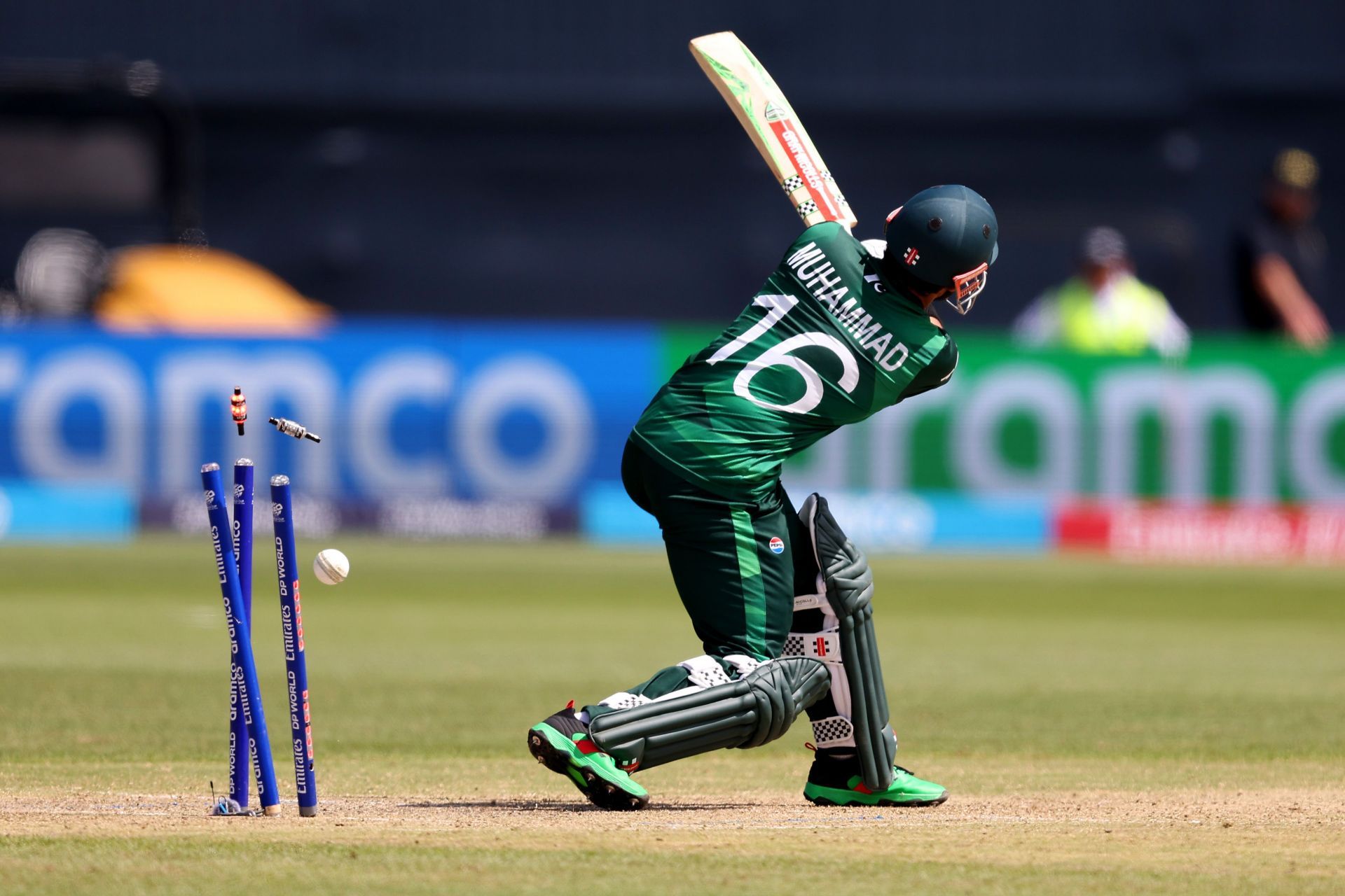 Mohammad Rizwan was castled by Jasprit Bumrah while attempting an ungainly shot.