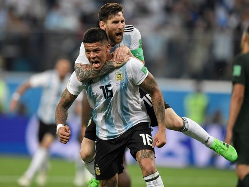 Messi and Rojo celebrating after the latter&#039;s 86th minute winner against Nigeria in the 2018 FIFA World Cup