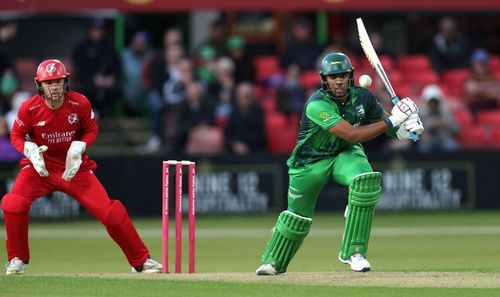 Rishi Patel of Leicestershire Foxes plays the ball to the boundary during the T20 Vitality Blast match between Leicestershire Foxes and Lancashire Lightning at the Uptonsteel County Ground on June 14, 2024 in Leicester, England. (Photo by David Rogers/Getty Images)