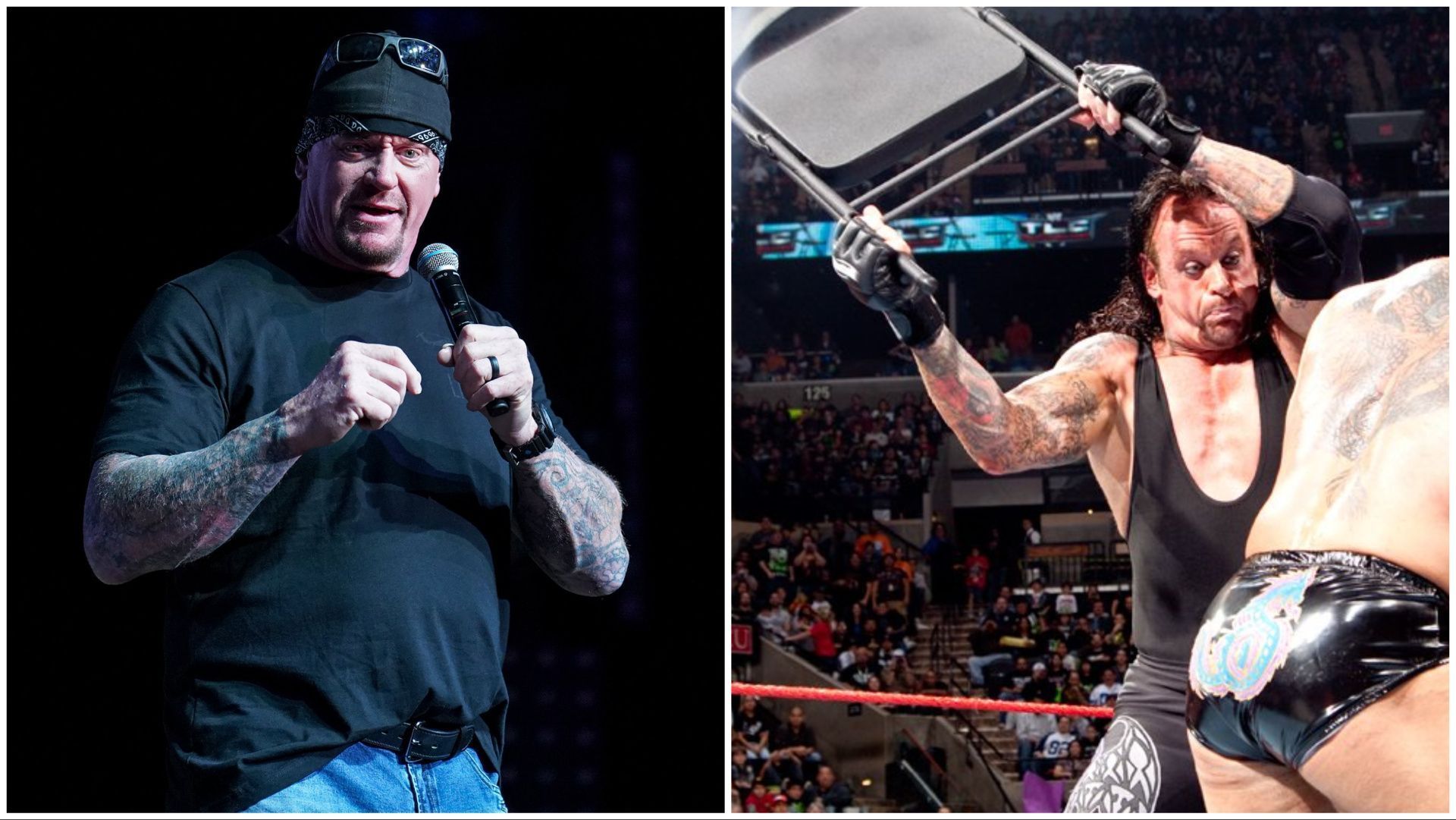 The Undertaker at his one-man show, Taker swings a steel chair at WWE TLC