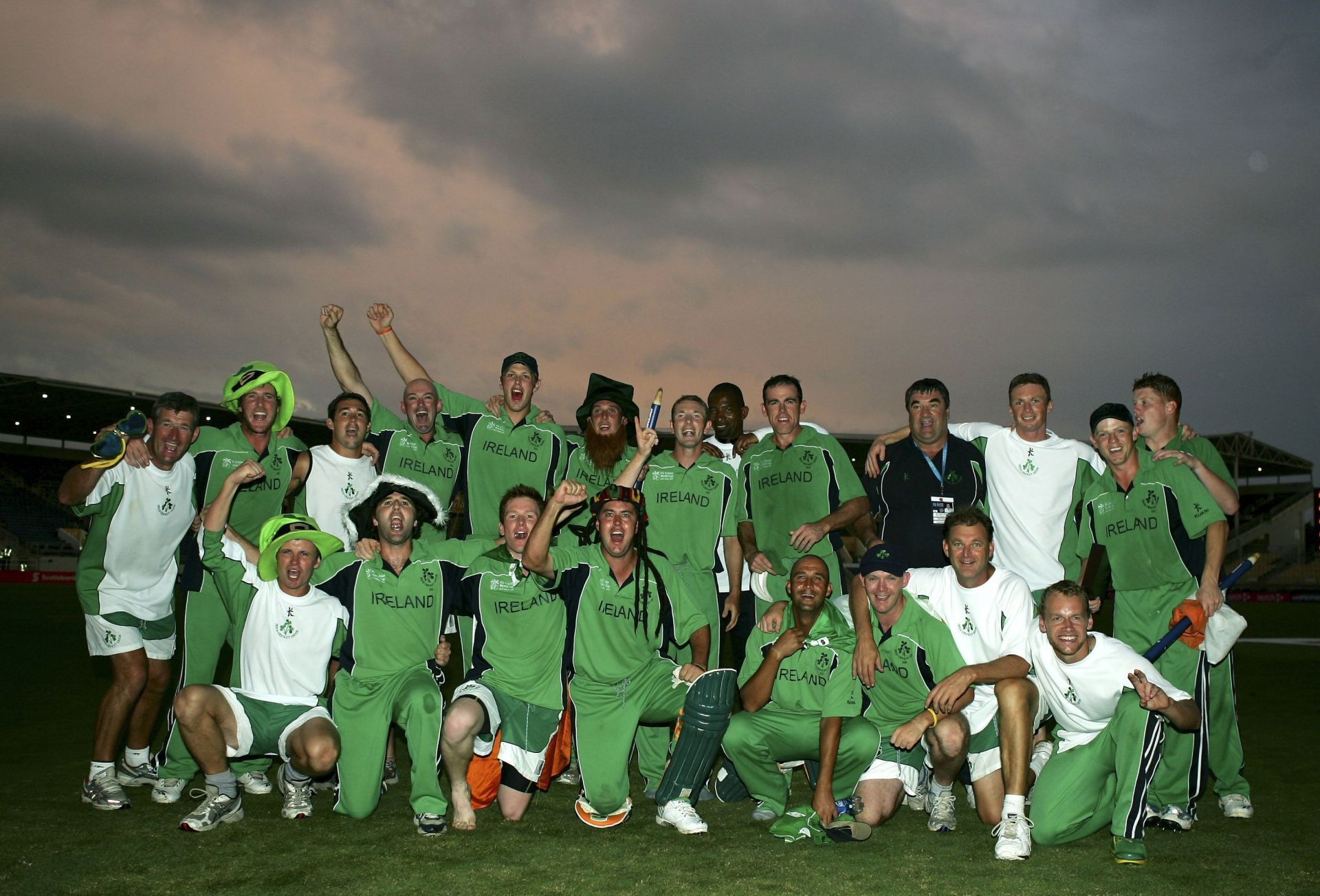 The Ireland team celebrate their victory over Pakistan during the ICC Cricket World Cup 2007 Group D match between Ireland and Pakistan at Sabina Park on March 17, 2007 in Kingston, Jamaica. (Photo by Paul Gilham/Getty Images)