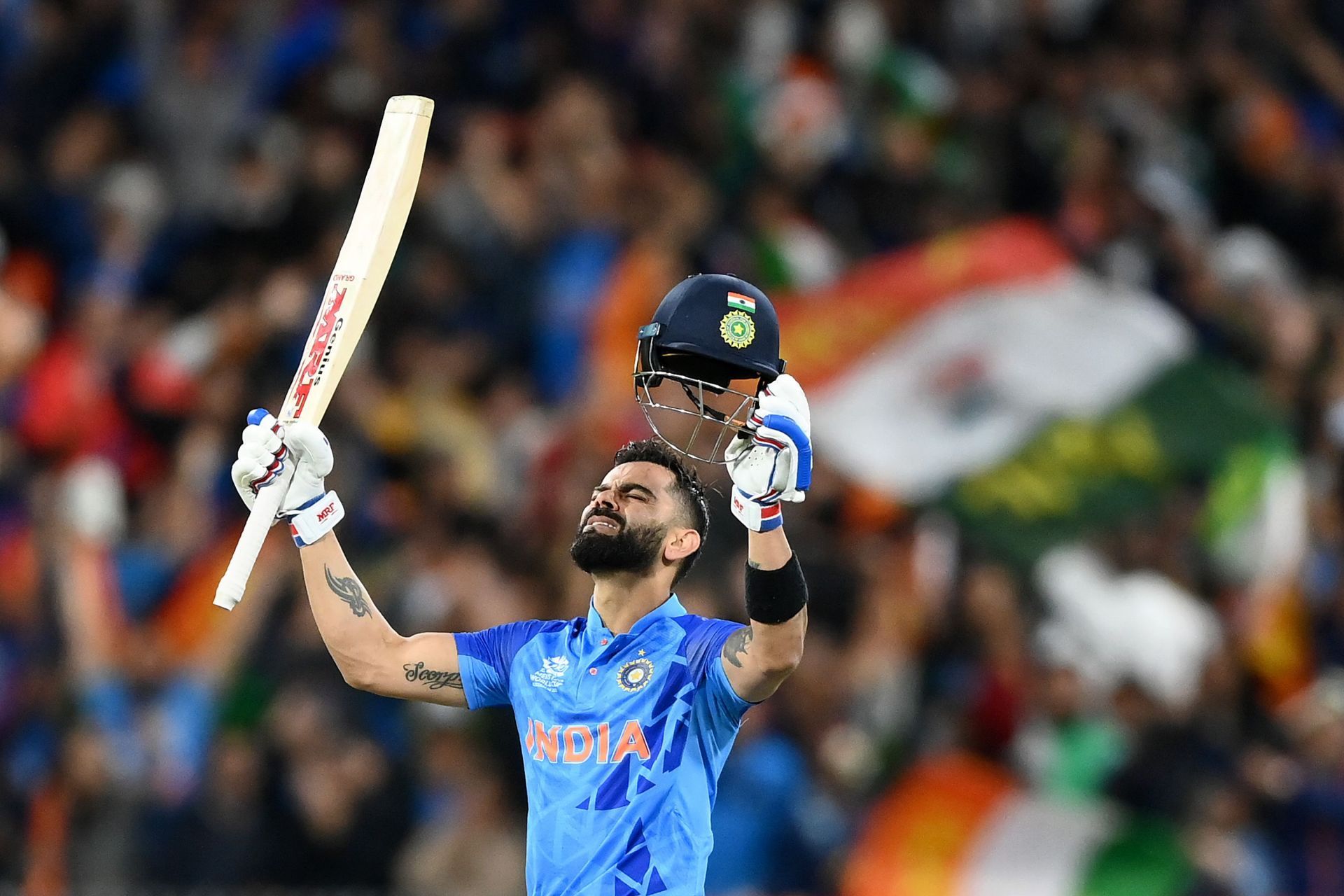 Virat Kohli of India celebrates winning the ICC Men's T20 World Cup match between India and Pakistan at Melbourne Cricket Ground on October 23, 2022 in Melbourne, Australia. (Photo by Quinn Rooney/Getty Images)