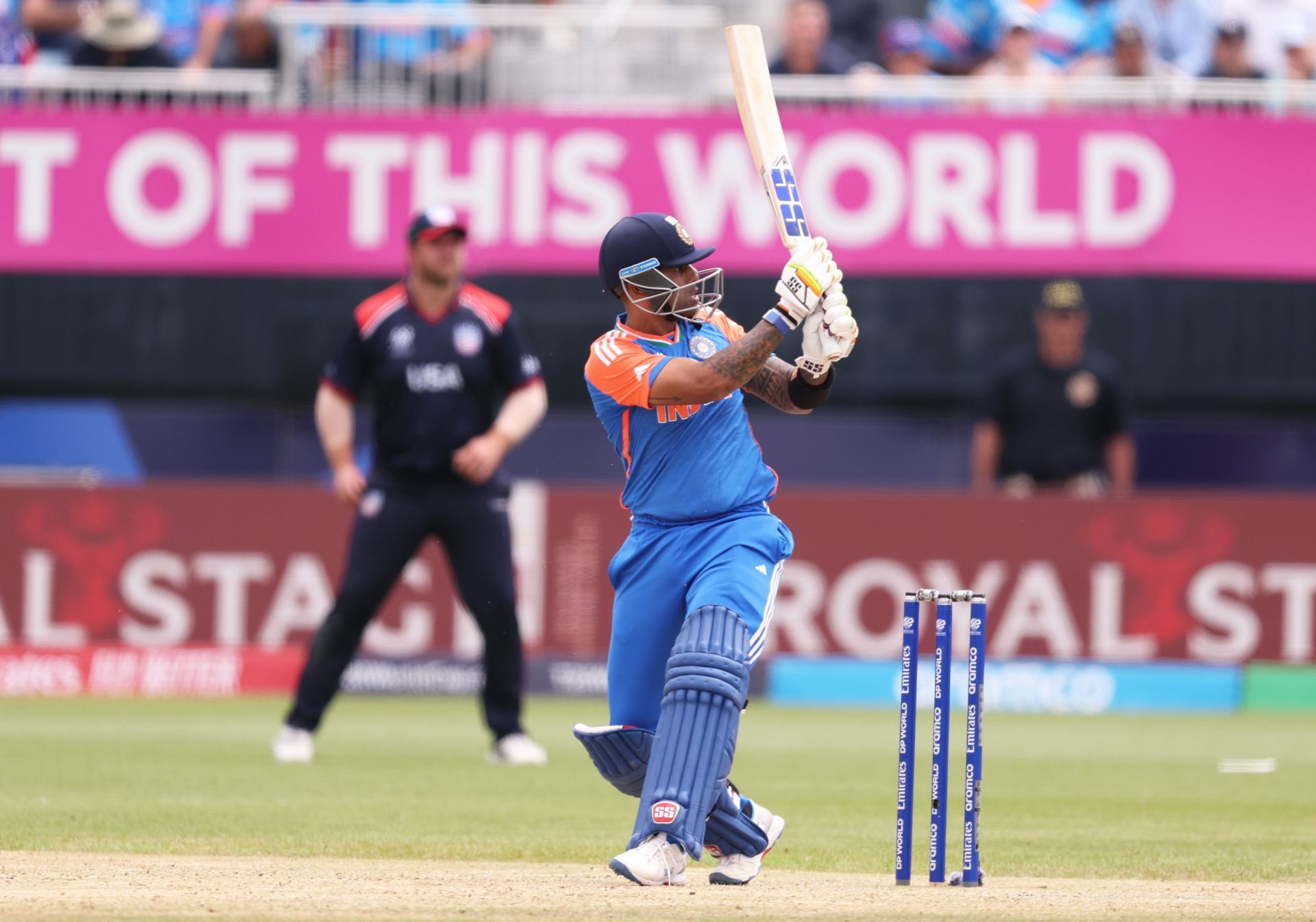 .Suryakumar Yadav of India plays a shot during the ICC Men&#039;s T20 Cricket World Cup West Indies &amp; USA 2024 match between USA and India at Nassau County International Cricket Stadium on June 12, 2024 in New York, New York. (Photo by Robert Cianflone/Getty Images)