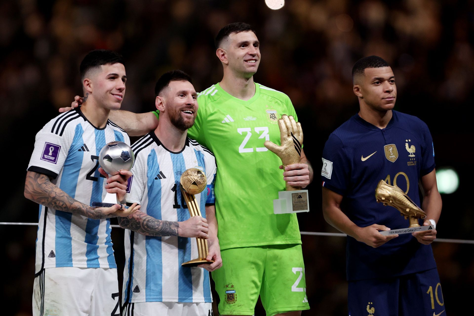 Kylian Mbappe (far right) beat Lionel Messi to the Golden Boot.