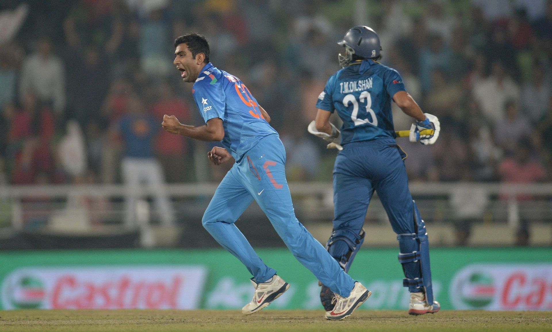 Ashwin celebrates picking a wicket in the 2014 T20 World Cup final against Sri Lanka.