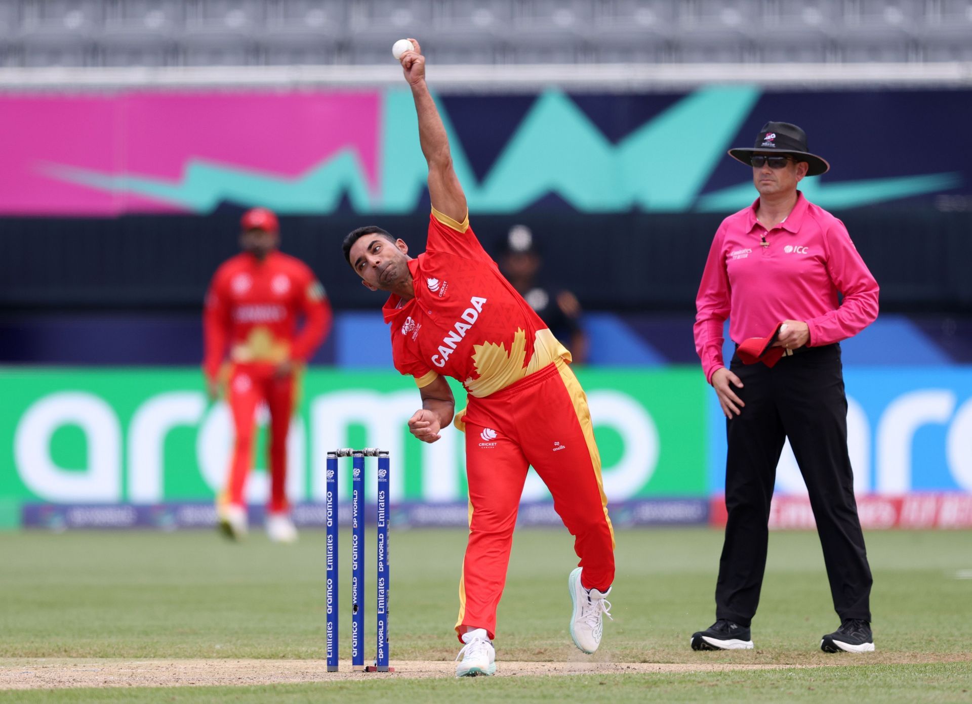 Saad Bin Zafar of Canada bowls during the ICC Men's T20 Cricket World Cup West Indies & USA 2024 match between Canada and Ireland at Nassau County International Cricket Stadium on June 07, 2024 in New York, New York. (Photo by Robert Cianflone/Getty Images)