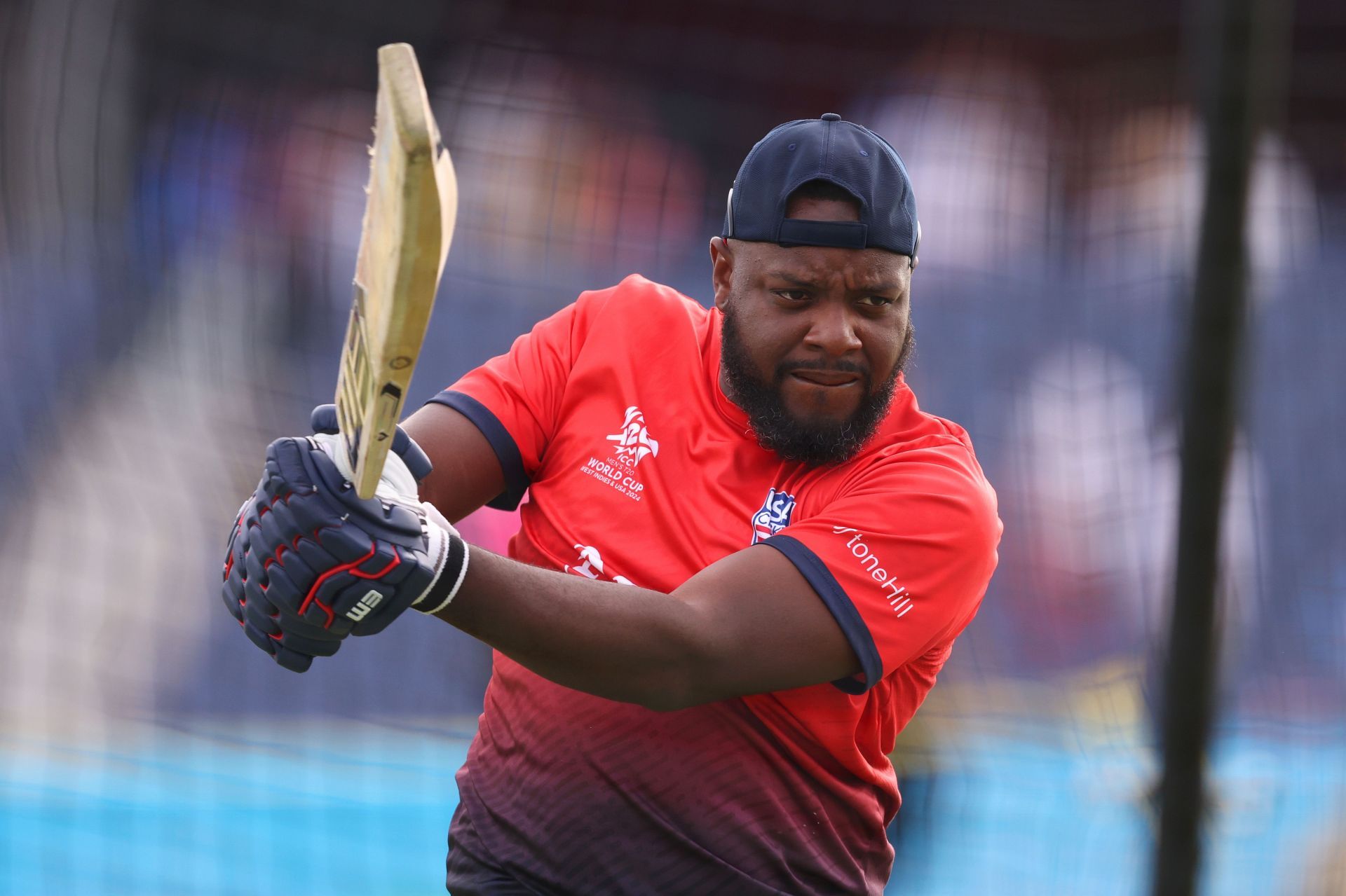 Steven Taylor of USA warms up prior to the ICC Men&#039;s T20 Cricket World Cup West Indies &amp; USA 2024 match between USA and Canada at Grand Prairie Cricket Stadium on June 01, 2024 in Dallas, Texas. (Photo by Robert Cianflone/Getty Images).