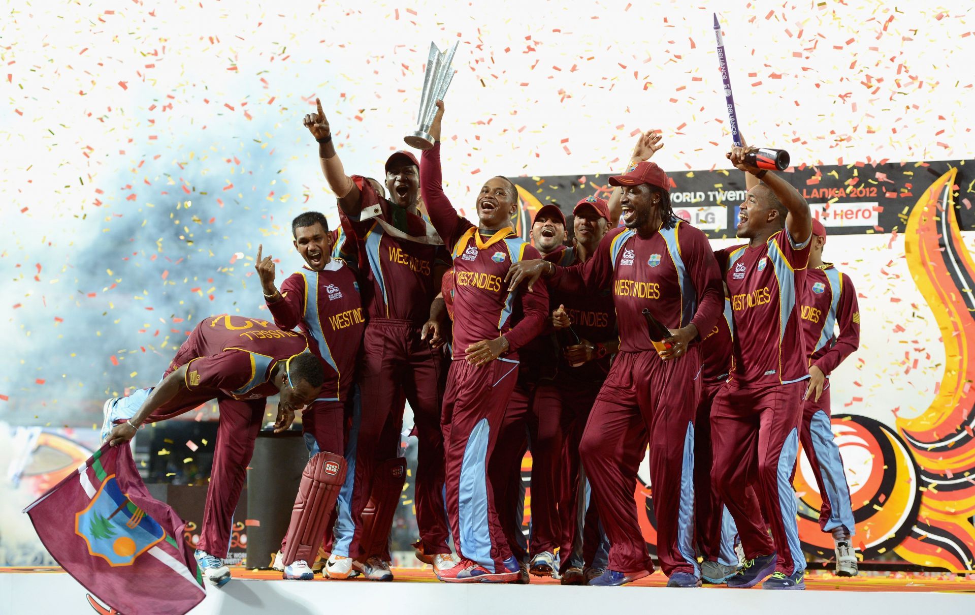 West Indies team with the trophy after winning the ICC World Twenty20 2012 Final between Sri Lanka and the West Indies at R. Premadasa Stadium on October 7, 2012 in Colombo, Sri Lanka. (Photo by Gareth Copley/Getty Images)