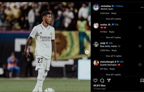 Vincius Junior's comment on Vinicius Tobias' Instagram post