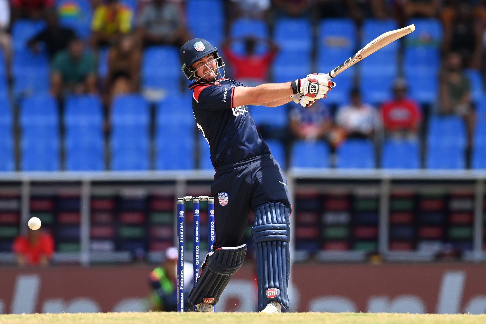 Andries Gous of USA bats during the ICC Men&#039;s T20 Cricket World Cup West Indies &amp; USA 2024 Super Eight match between USA and South Africa at Sir Vivian Richards Stadium on June 19, 2024, in Antigua, Antigua and Barbuda. (Photo by Gareth Copley/Getty Images).