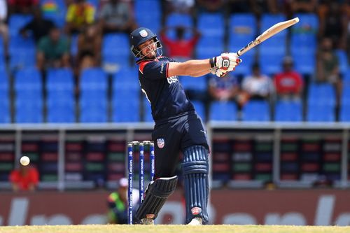 Andries Gous of USA bats during the ICC Men's T20 Cricket World Cup West Indies & USA 2024 Super Eight match between USA and South Africa at Sir Vivian Richards Stadium on June 19, 2024, in Antigua, Antigua and Barbuda. (Photo by Gareth Copley/Getty Images).