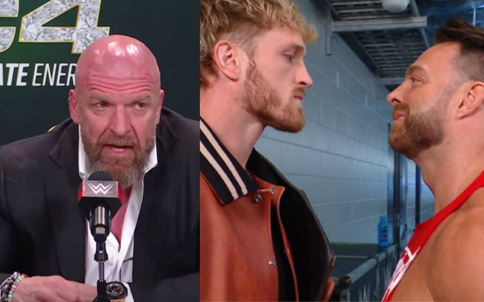 (L) Triple H at the WrestleMania 40 conference (R) LA Knight confronting Logan Paul on an edition of SmackDown (Image source: WWE &amp; LA Knight