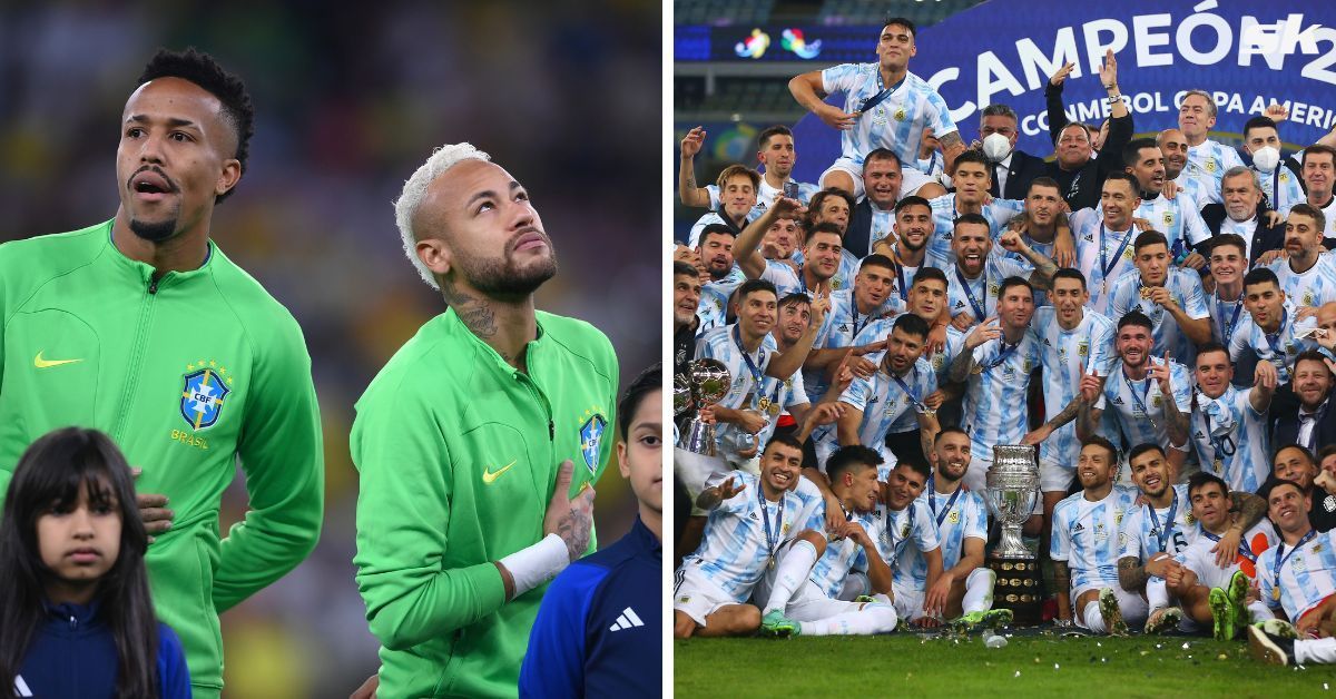 Brazil internationals Eder Militao and Neymar (L), Argentina celebrating their Copa America win in 2021 (R)