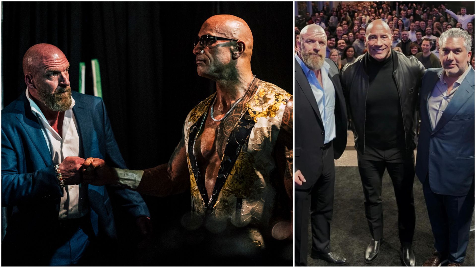 Triple H, The Rock, Nick Khan at TKO event, Rock with Triple H at WWE WrestleMania XL