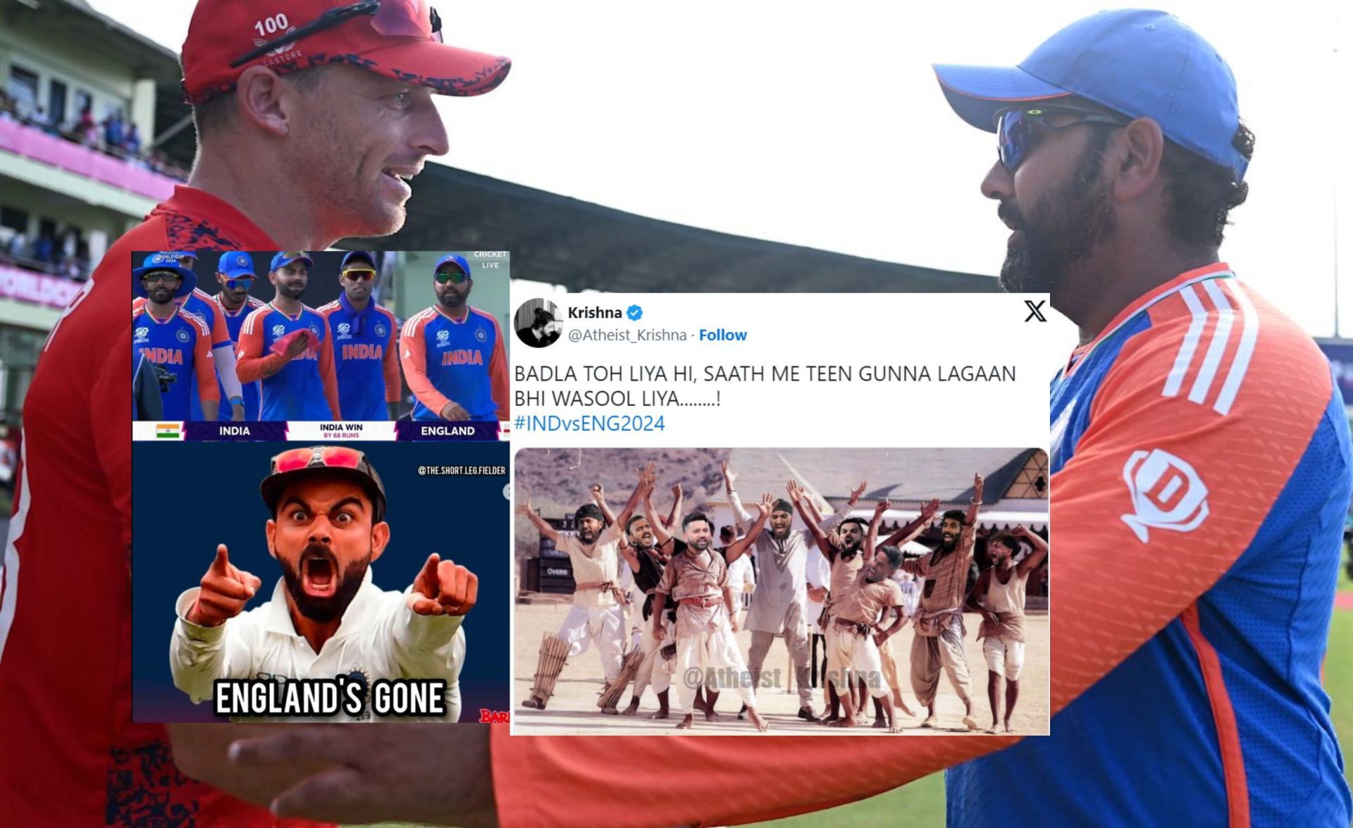 Fans share memes after England got knocked out of T20 WC. (Image: ICC, @Atheist_Krishna/X, @the.short.leg.fielder/Instagram)