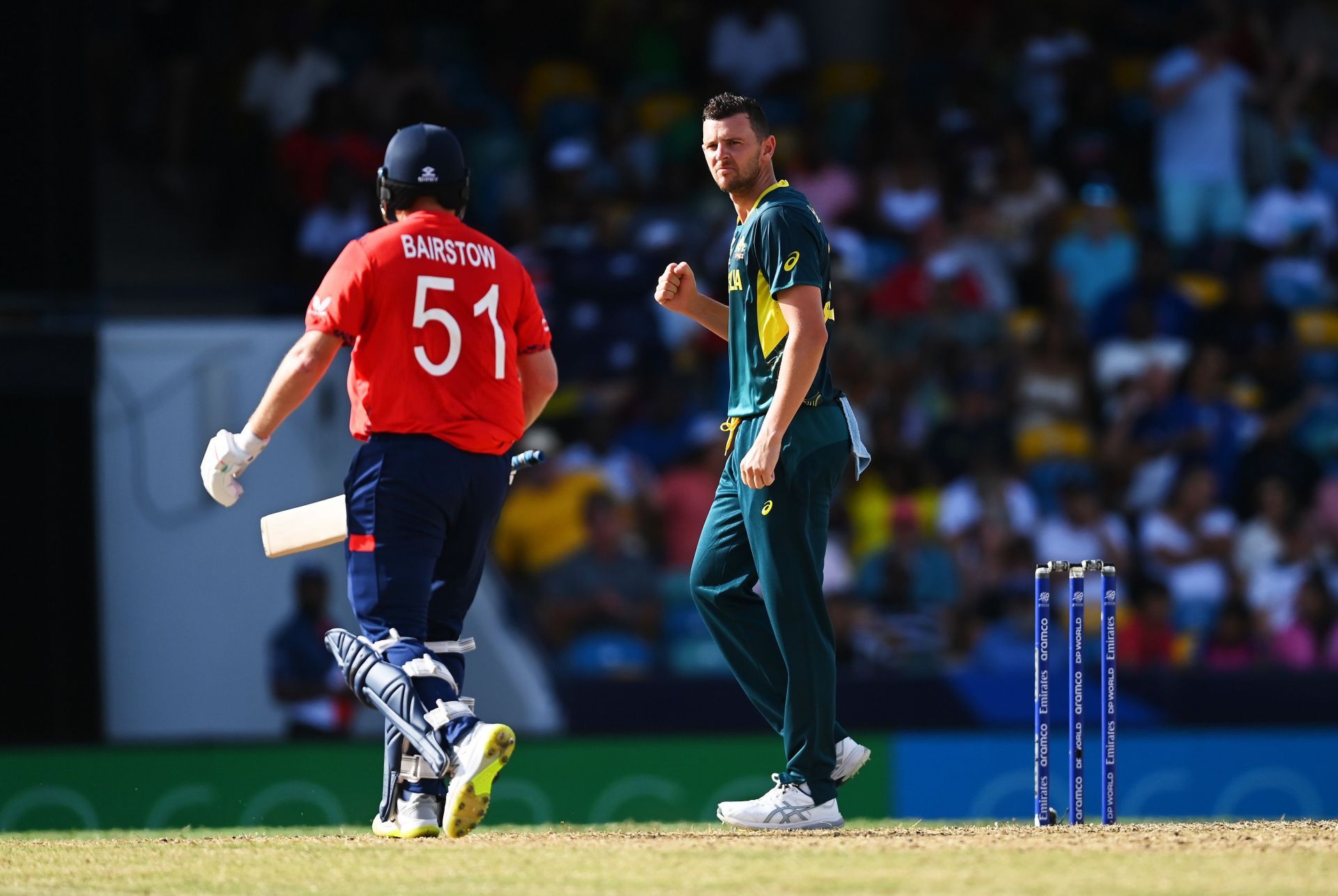 Josh Hazlewood of Australia celebrates after taking the wicket of Jonny Bairstow during the ICC Men&#039;s T20 Cricket World Cup West Indies &amp; USA 2024 match between Australia and England at Kensington Oval on June 08, 2024 in Bridgetown, Barbados. (Photo by Gareth Copley/Getty Images)Australia v England - ICC Men&#039;s T20 Cricket World Cup West Indies &amp; USA 2024.