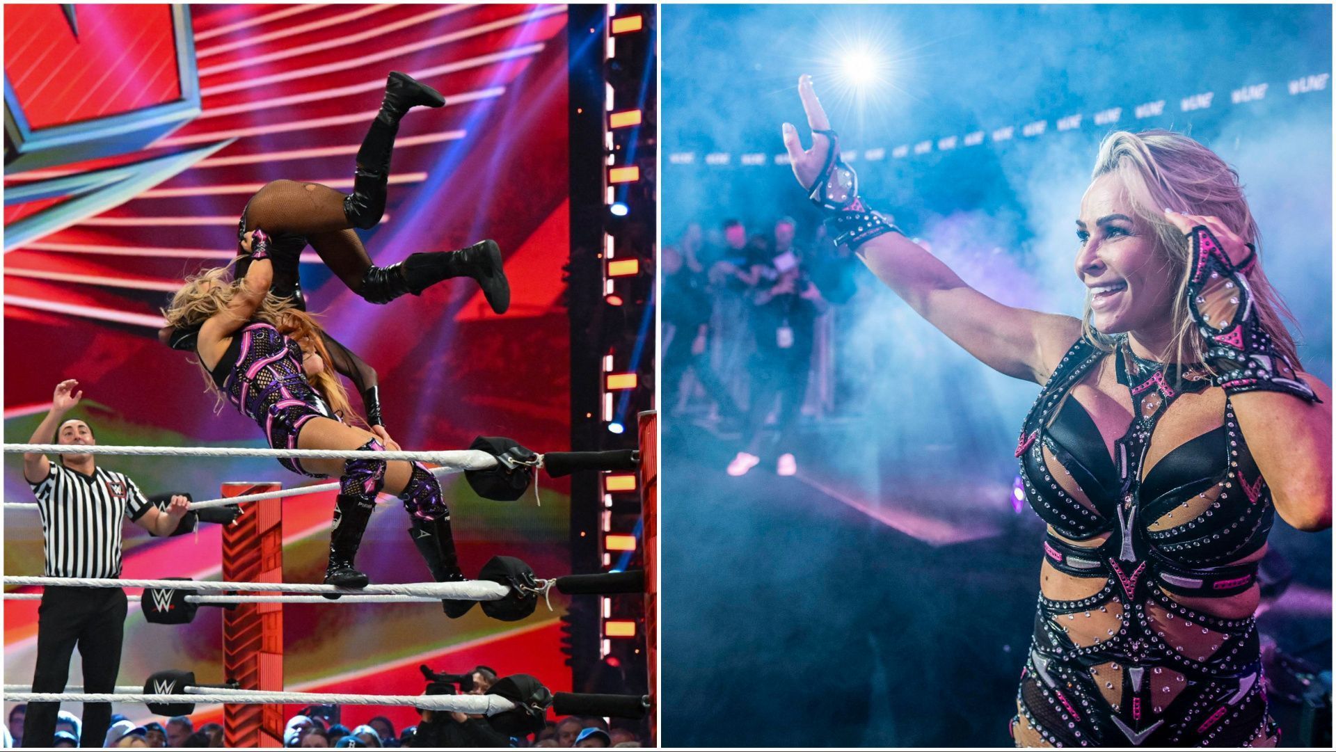 Natalya vs. Becky Lynch on RAW, Natalya waves to the WWE Universe in London