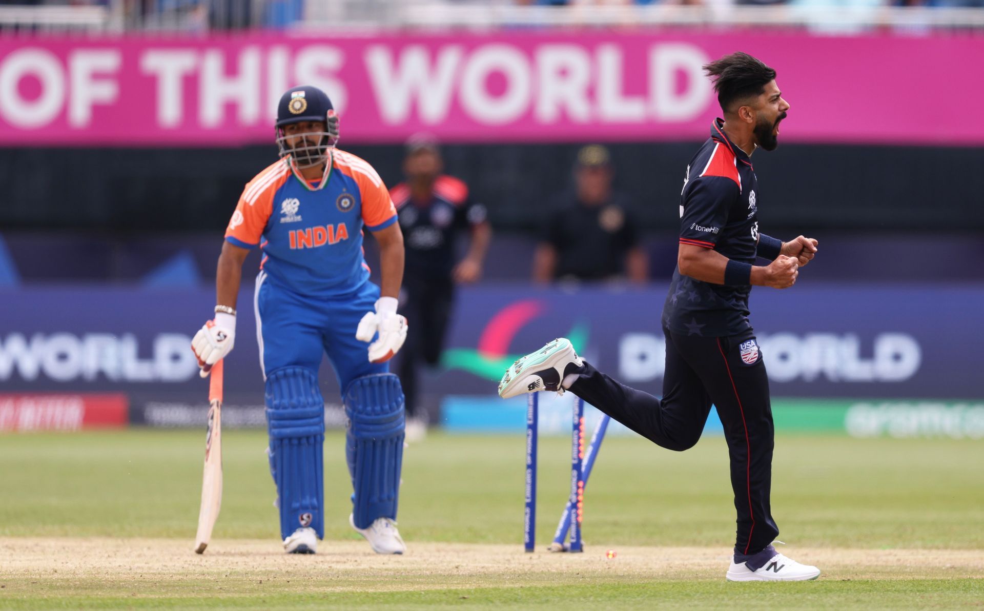 Ali Khan of the USA celebrates after dismissing Rishabh Pant of India during the T20 Cricket World Cup. (Photo by Robert Cianflone/Getty Images).