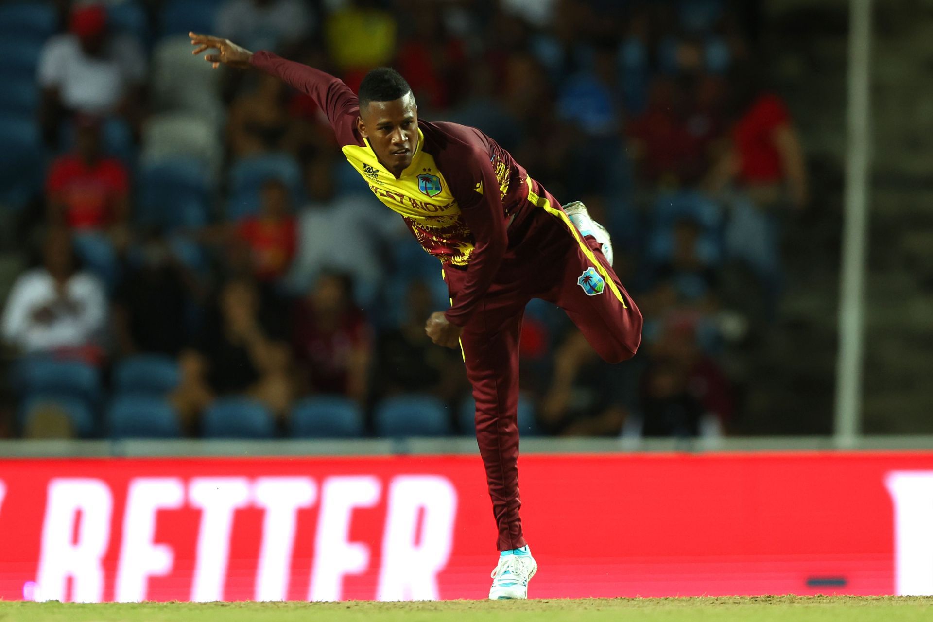  Akeal Hosein of West Indies bowls during theT20 Cricket World Cup. (Photo by Ashley Allen/Getty Images).