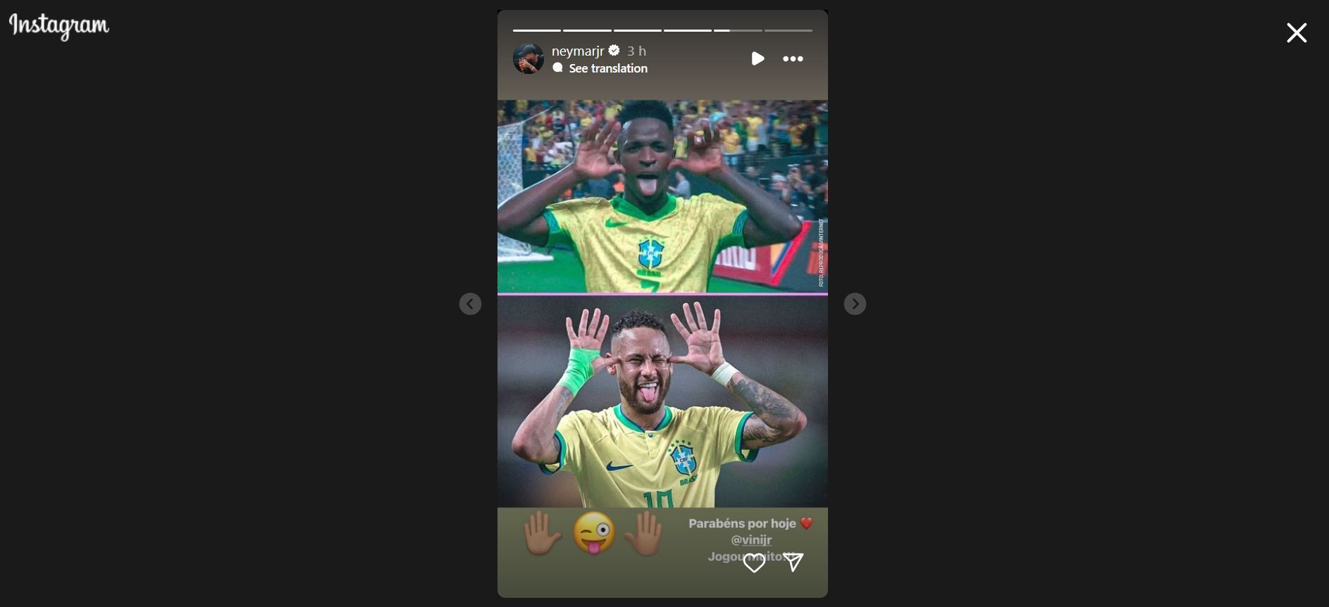 Screenshot of Neymar reacting to Vinicius copying his goal celebration.