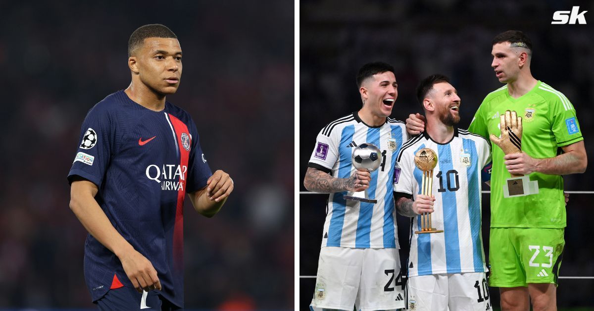 France forward Kylian Mbappe (L) and Argentina goalkeeper Emiliano Martinez (R)