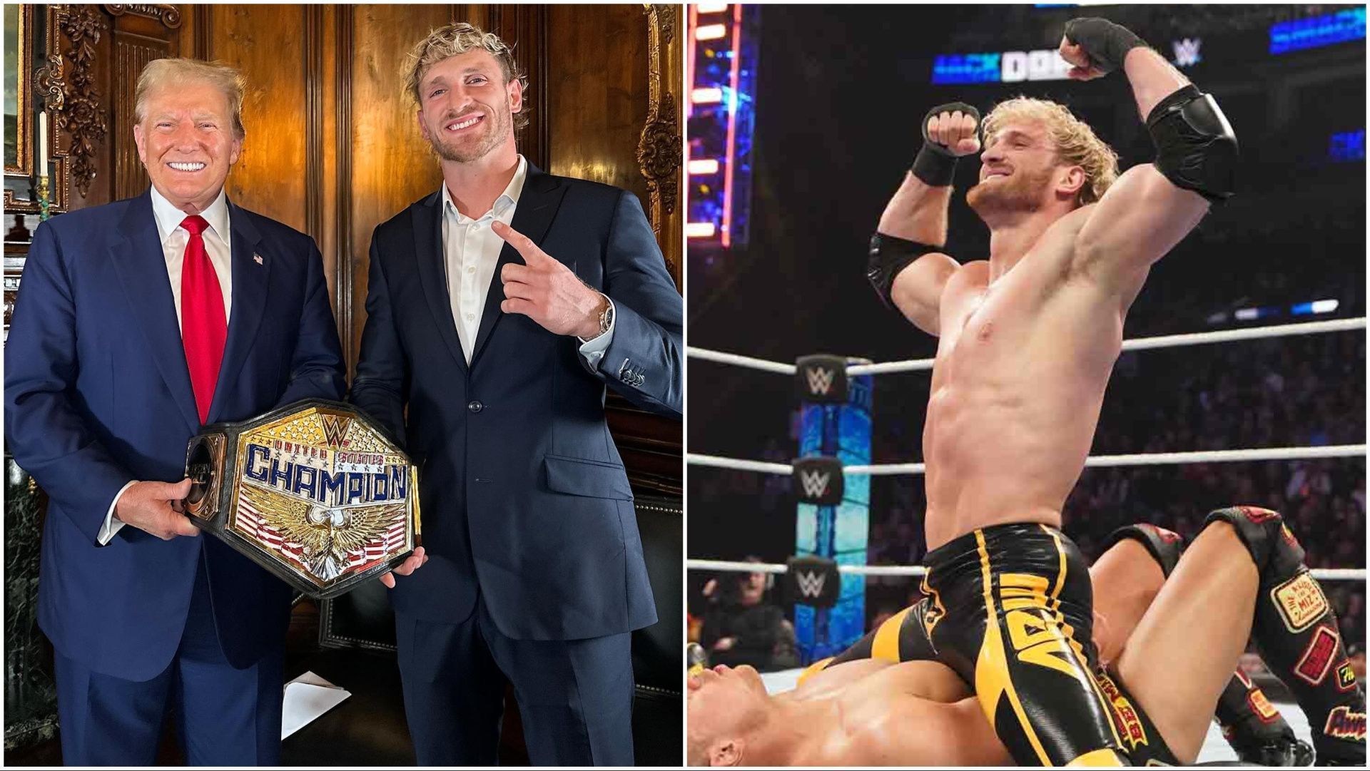 Donald Trump and Logan Paul with the WWE United States Championship, Paul on SmackDown