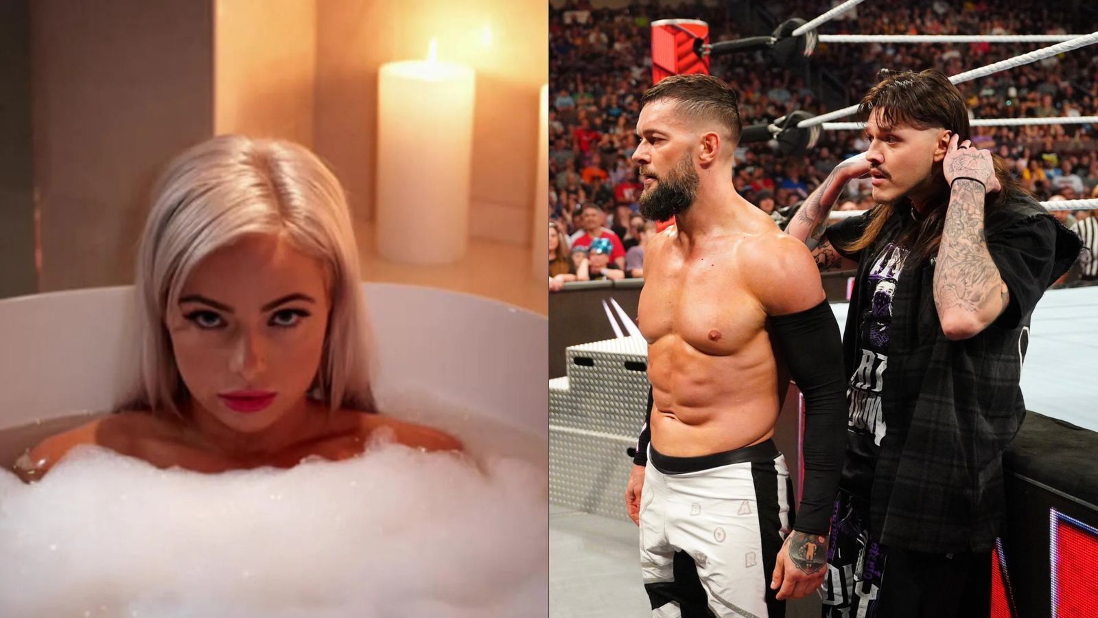 Liv Morgan (left); Finn Balor and Dominik Mysterio (right)