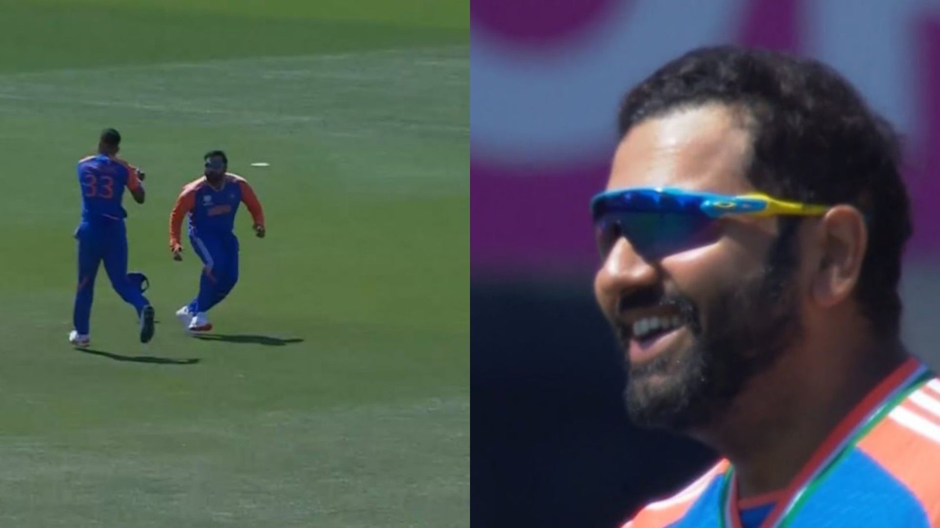 Snippets from Hardik Pandya and Rohit Sharma avoiding collision while attemptiing catch